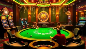 Experience thrilling gaming at okwin's online casino with poker tables and vibrant slot machines.