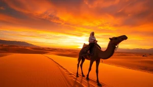 Agafay Desert camel ride showcasing serene sunset views and cultural elements.