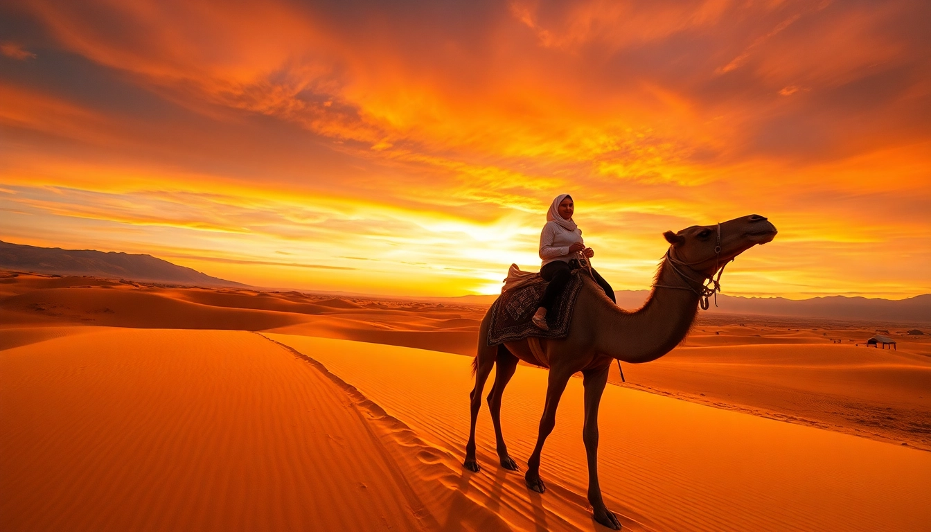 Agafay Desert camel ride showcasing serene sunset views and cultural elements.