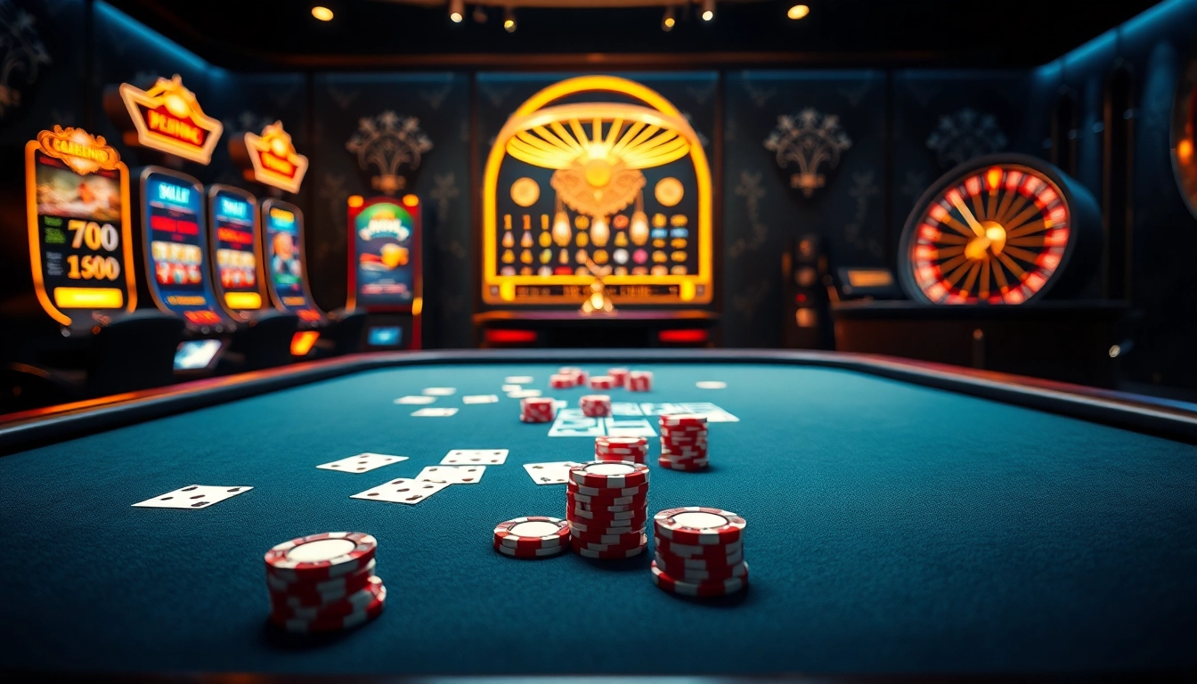 An engaging online gambling scene focused on luxury at https://uu88ae.com/ featuring a poker table, slot machines, and roulette.