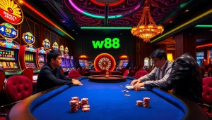 Players enjoying a thrilling poker game at a w88 casino table amidst vibrant decor.