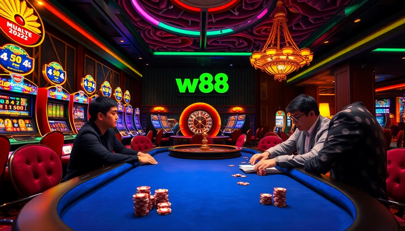 Players enjoying a thrilling poker game at a w88 casino table amidst vibrant decor.