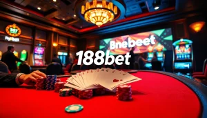 Experience the thrill of betting with 188bet at a luxurious casino table with vibrant poker chips.