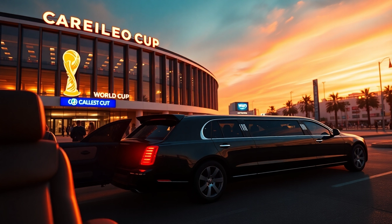World Cup Group Transportation in a luxury limousine outside a stadium, capturing excitement and elegance.