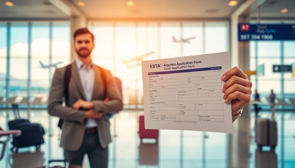 Holding an ESTA application form in a bright airport, ready for travel.