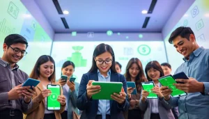 다양한 사람들이 디지털 거래를 위해 스마트폰을 사용하는 매력적인 소액결제(소액결제) 장면.