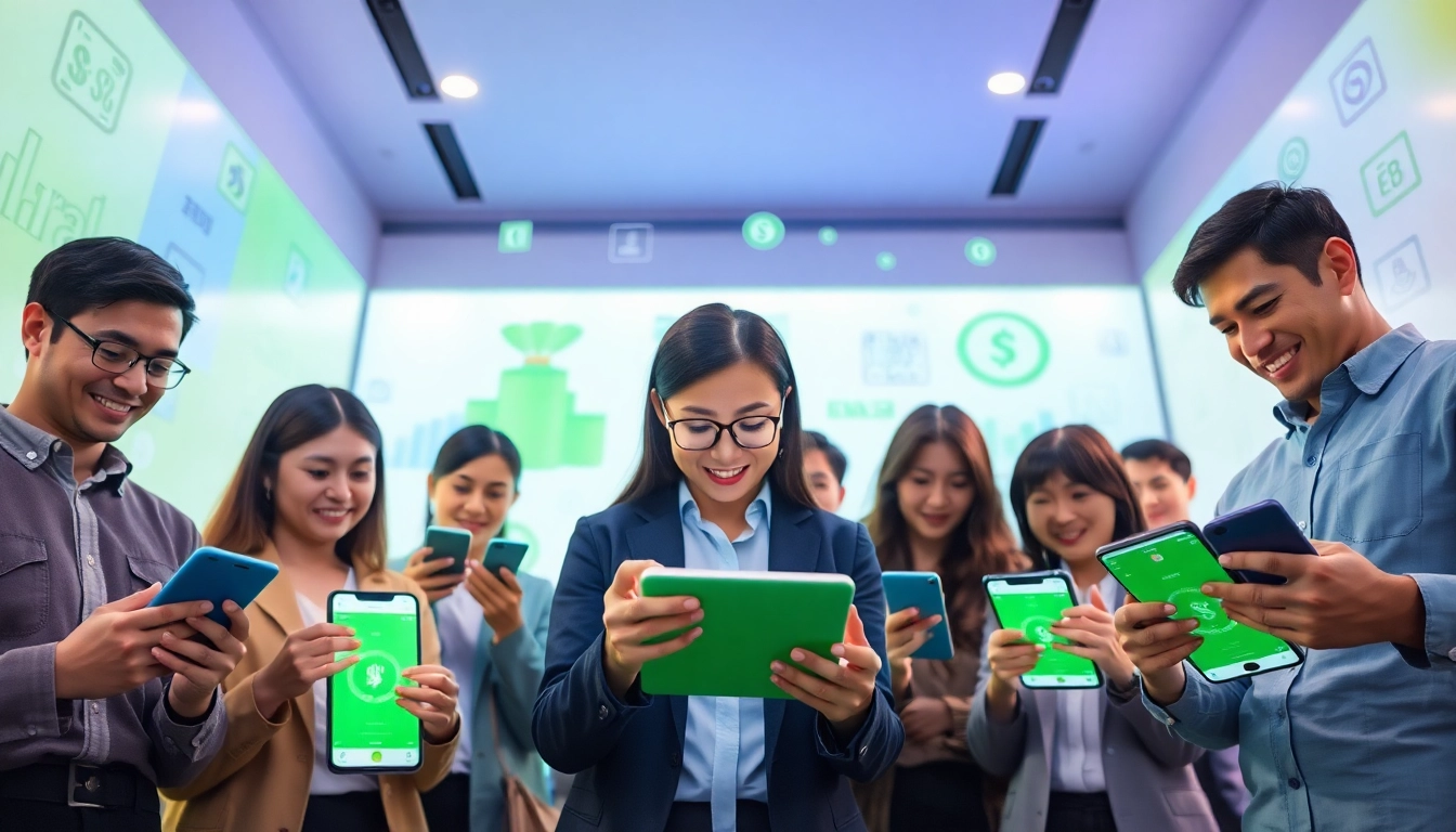 다양한 사람들이 디지털 거래를 위해 스마트폰을 사용하는 매력적인 소액결제(소액결제) 장면.