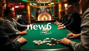 Engaged gamblers enjoying a high-stakes poker game at new66, filled with excitement and luxury.