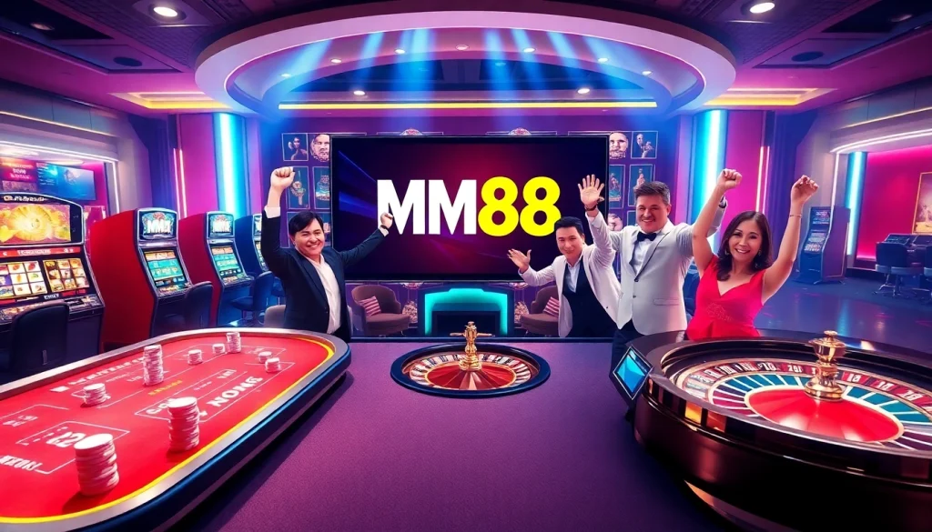 Players enjoying a thrilling game at Nhà cái MM88, featuring vibrant casino tables and dynamic gaming interfaces.