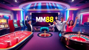 Players enjoying a thrilling game at Nhà cái MM88, featuring vibrant casino tables and dynamic gaming interfaces.