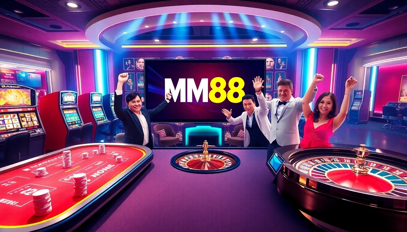 Players enjoying a thrilling game at Nhà cái MM88, featuring vibrant casino tables and dynamic gaming interfaces.