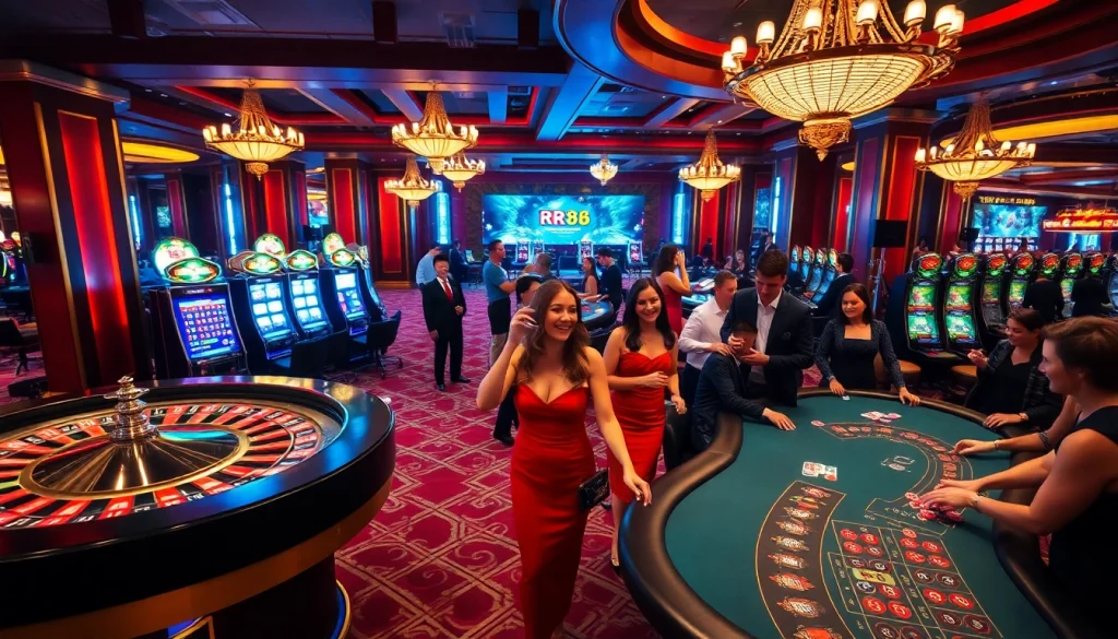 Exciting gaming scene at https://rr88.wales/, featuring poker tables and vibrant slot machines.