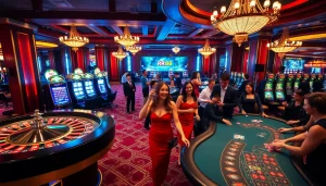 Exciting gaming scene at https://rr88.wales/, featuring poker tables and vibrant slot machines.