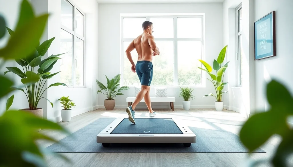 Walking pad treadmill manufacturer showcasing a modern home gym with an individual exercising.