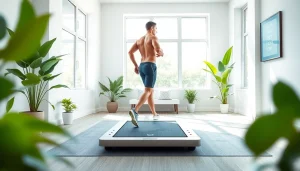 Walking pad treadmill manufacturer showcasing a modern home gym with an individual exercising.