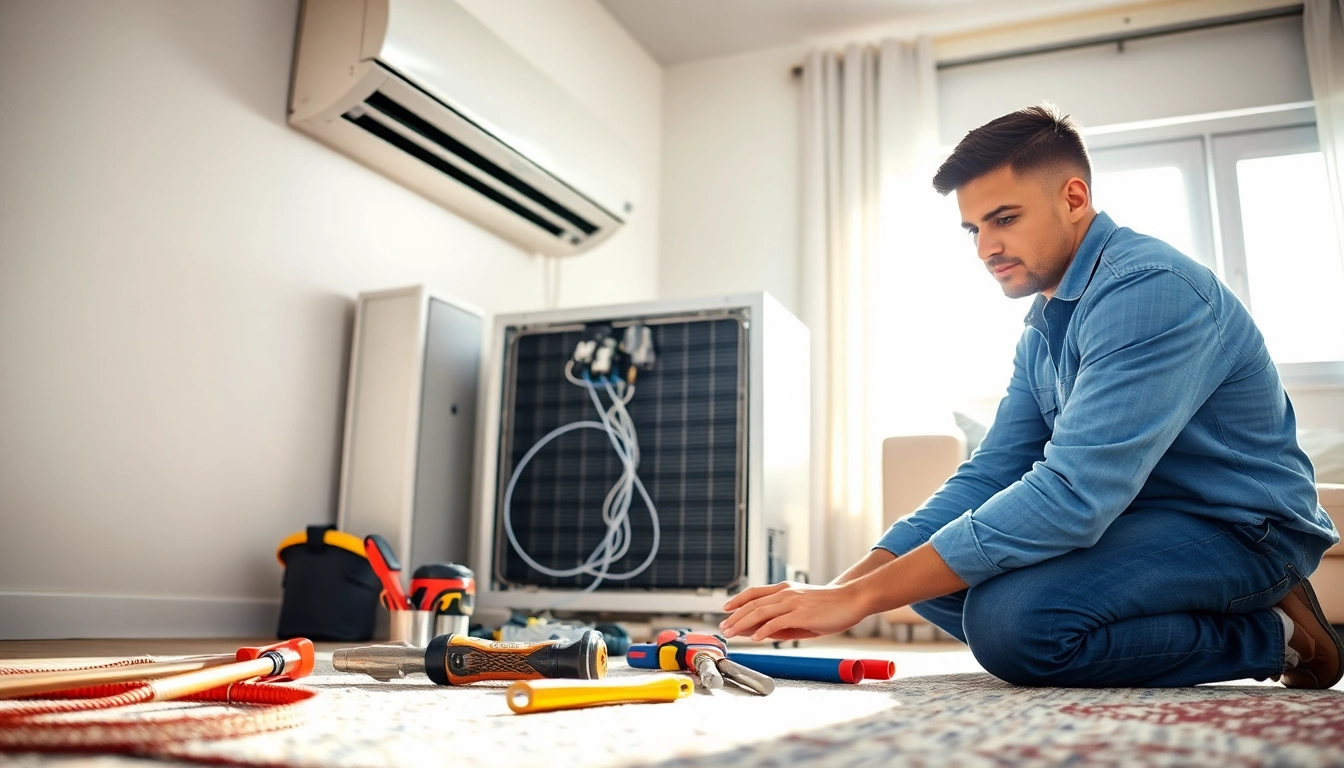 Expert HVAC technician performing ac repair phoenix az in a sunlit living room.