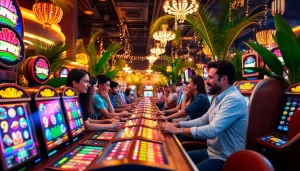 Menampilkan petanitoto dengan pemain yang bersemangat di kasino online bertema tropis.