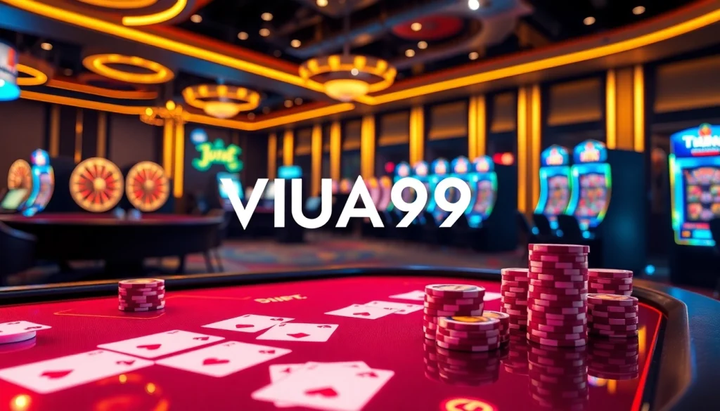 Experience excitement at VUA99 with a modern casino scene featuring vibrant poker tables and gaming elements.