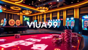 Experience excitement at VUA99 with a modern casino scene featuring vibrant poker tables and gaming elements.