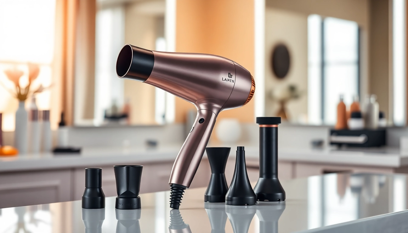 Showcase laifen swift special hair dryer with three nozzles in a stylish salon setting.