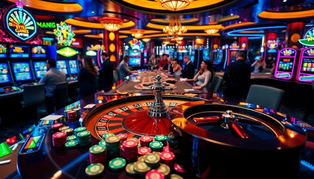 Experience the excitement of gambling in Rio with vibrant slot machines and a roulette wheel.