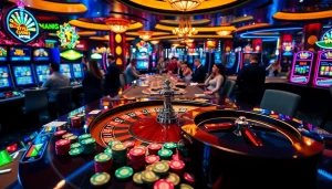 Experience the excitement of gambling in Rio with vibrant slot machines and a roulette wheel.