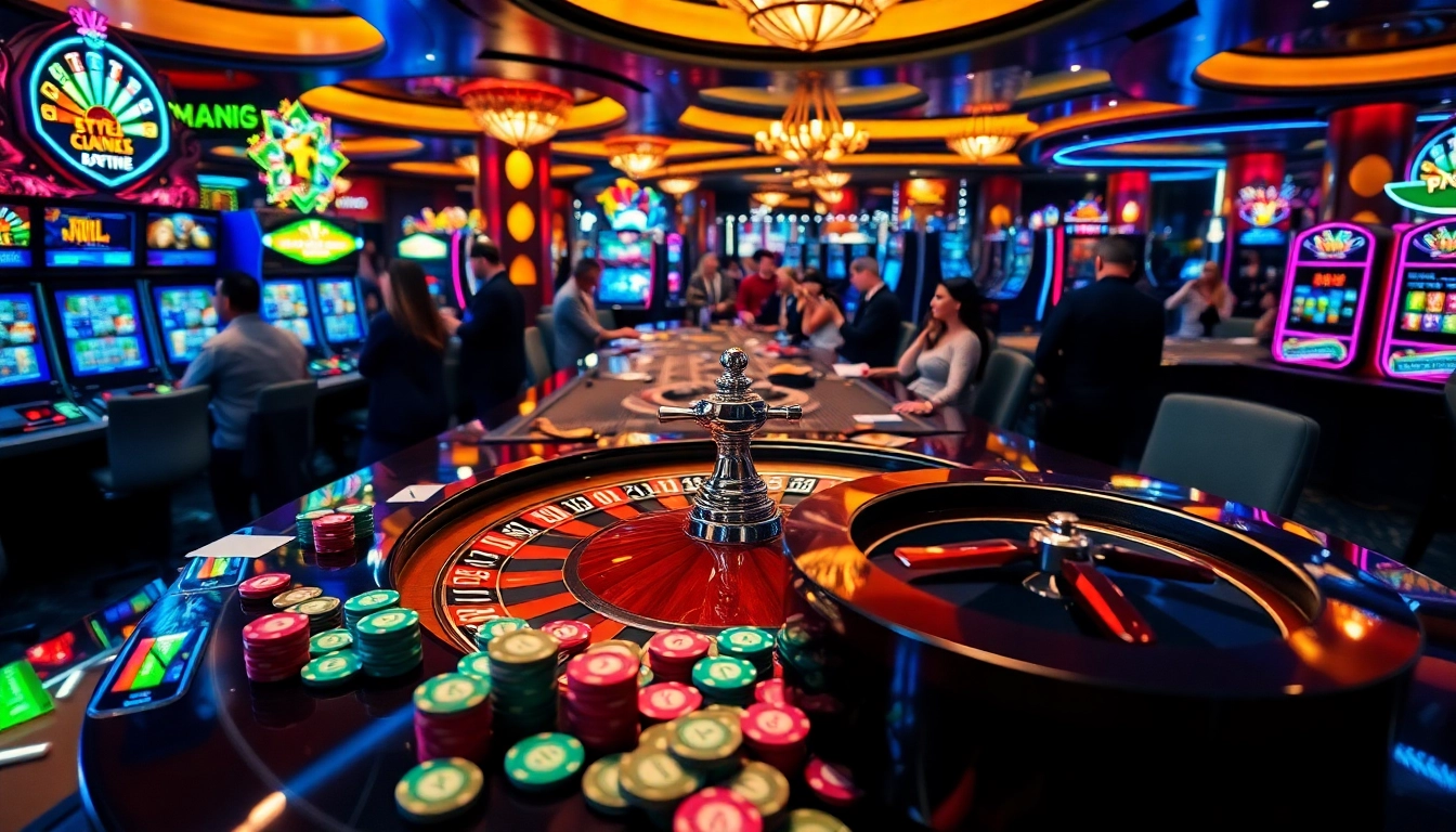 Experience the excitement of gambling in Rio with vibrant slot machines and a roulette wheel.