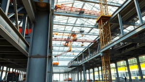 Illustration of a steel structure design highlighting beams and construction dynamics amidst a building project.