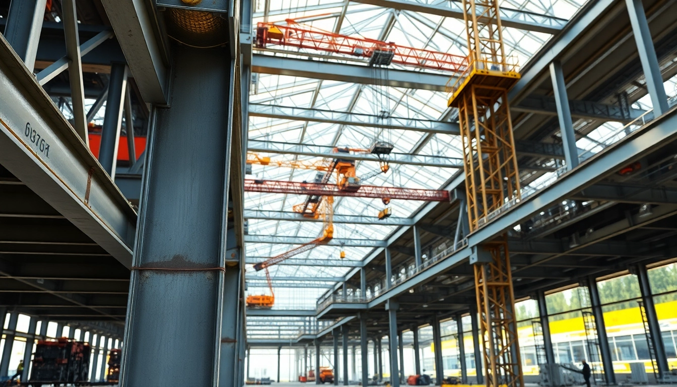 Illustration of a steel structure design highlighting beams and construction dynamics amidst a building project.