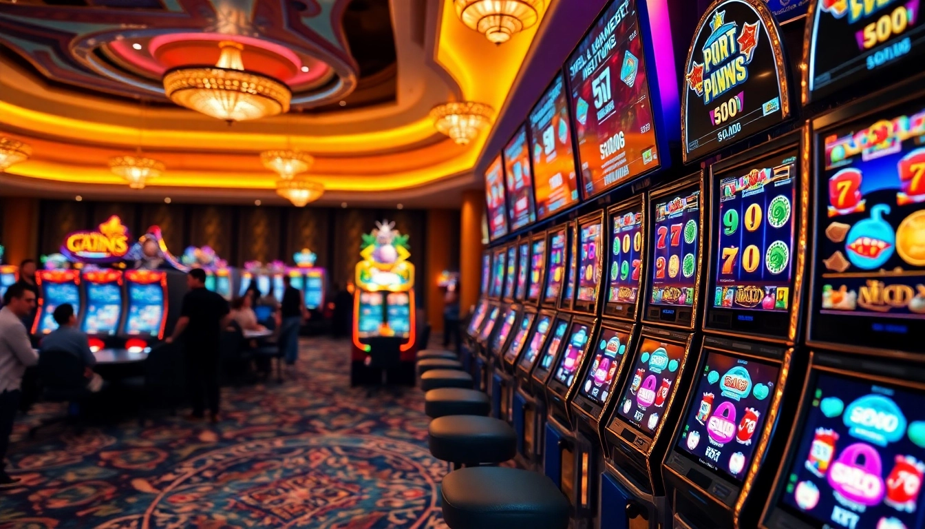 Engaging players spinning online슬롯 machines with colorful lights and vibrant graphics in a luxury casino.