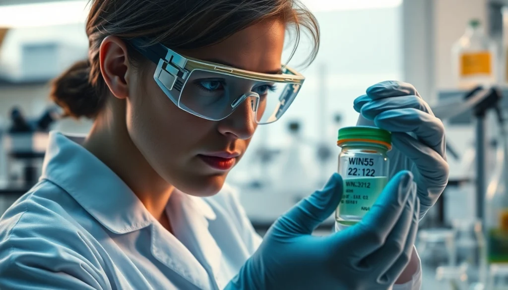 Researcher examining WIN55 synthetic cannabinoid in a modern lab setting.