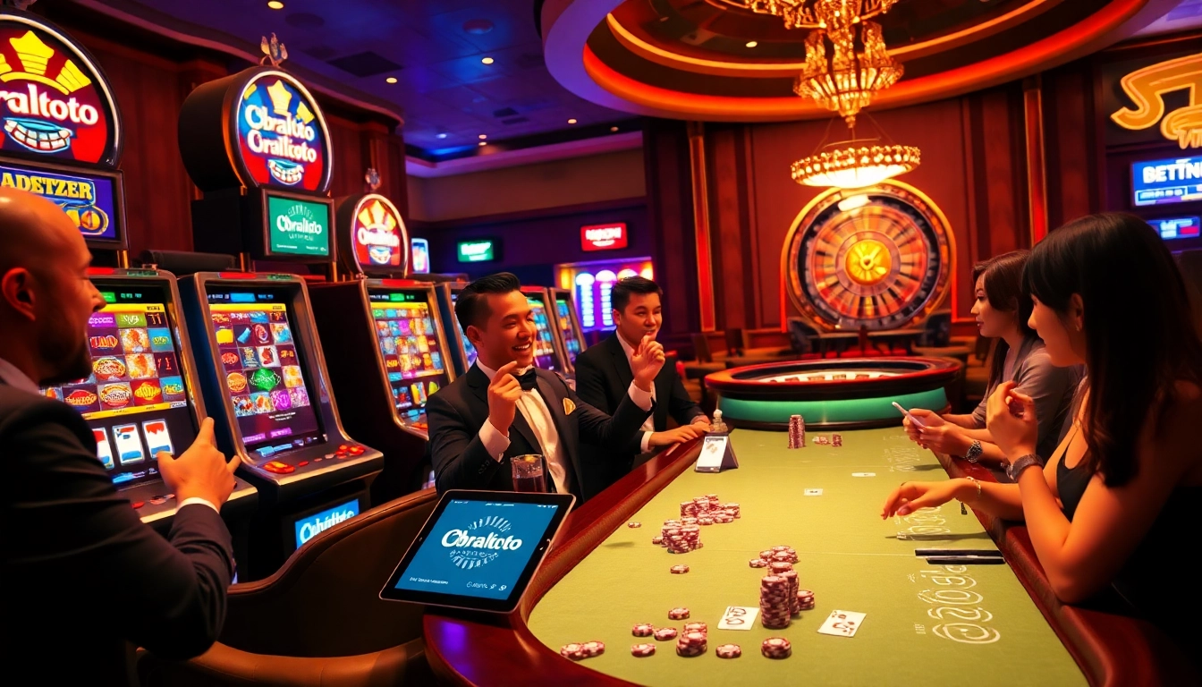 Pemain menikmati slot Obraltoto di lingkungan kasino mewah yang penuh warna-warni.
