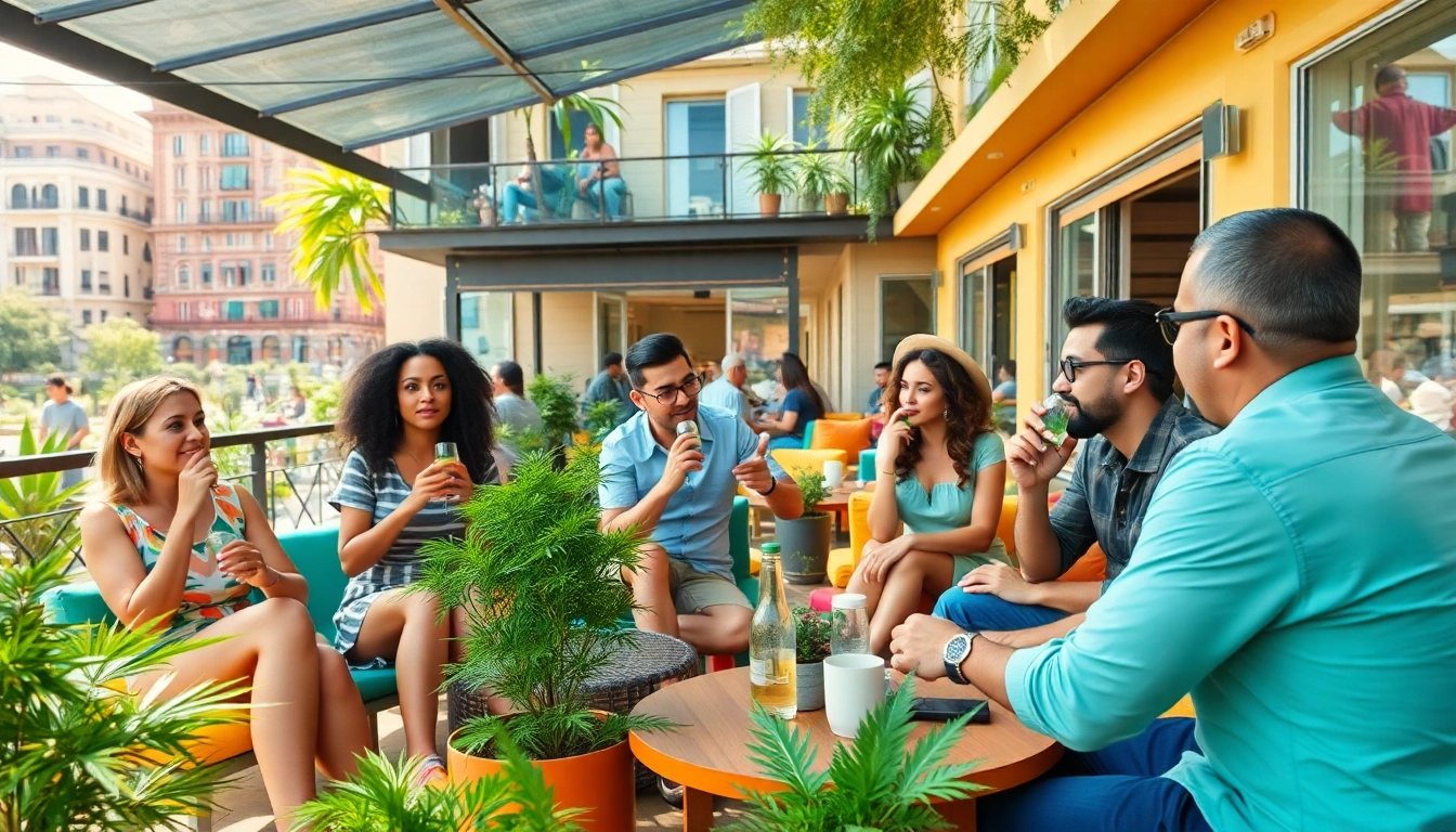 A lively social club madrid scene showcasing diverse members enjoying cannabis in a sunlit terrace.