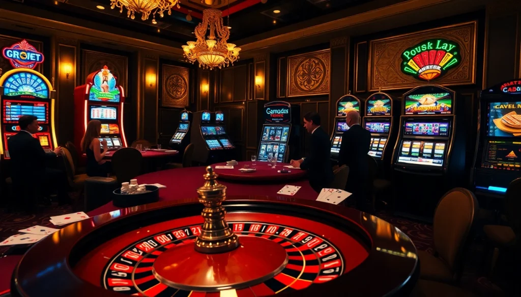 Engage in thrilling games at mmoo.ad with a vibrant casino backdrop of roulette, poker, and slots.