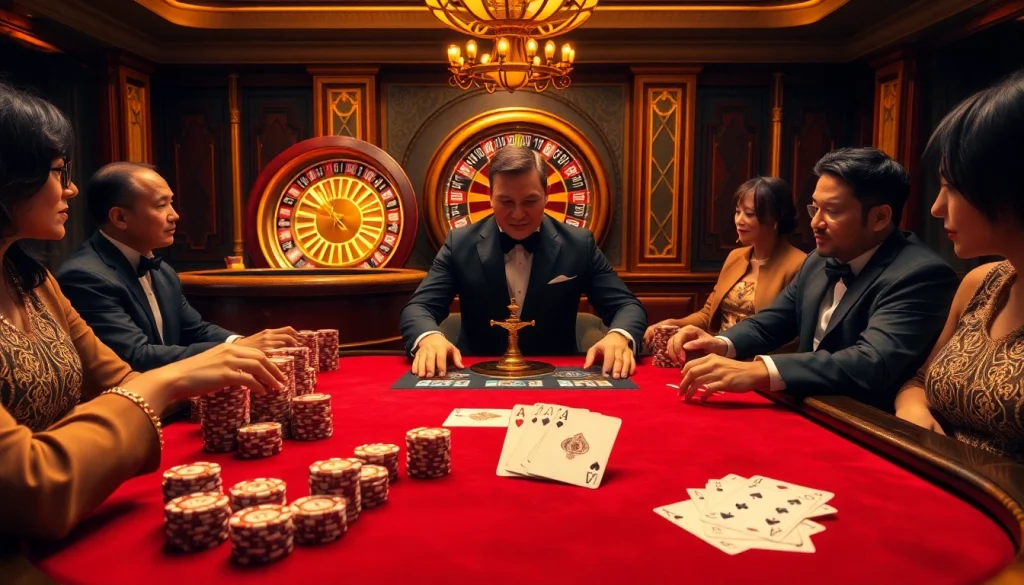 Players enjoying a game at Nhà cái NEW88's lavish poker table with winning cards.