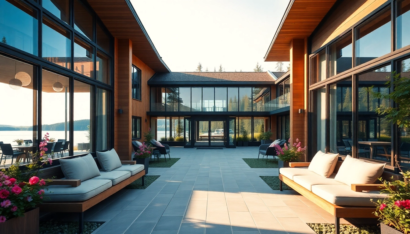 Luxury hotel in Sweden with stunning lakeside views and modern design elements.