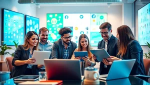 Boost engagement strategies with https://boost-social-media.com in a collaborative marketing office.