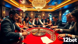 Excited gamblers engaging in thrilling games at the luxurious 12bet casino.