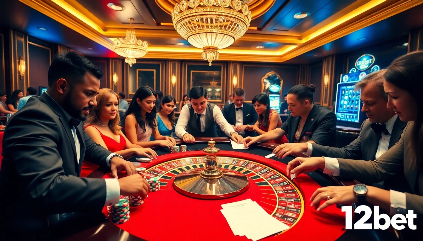 Excited gamblers engaging in thrilling games at the luxurious 12bet casino.