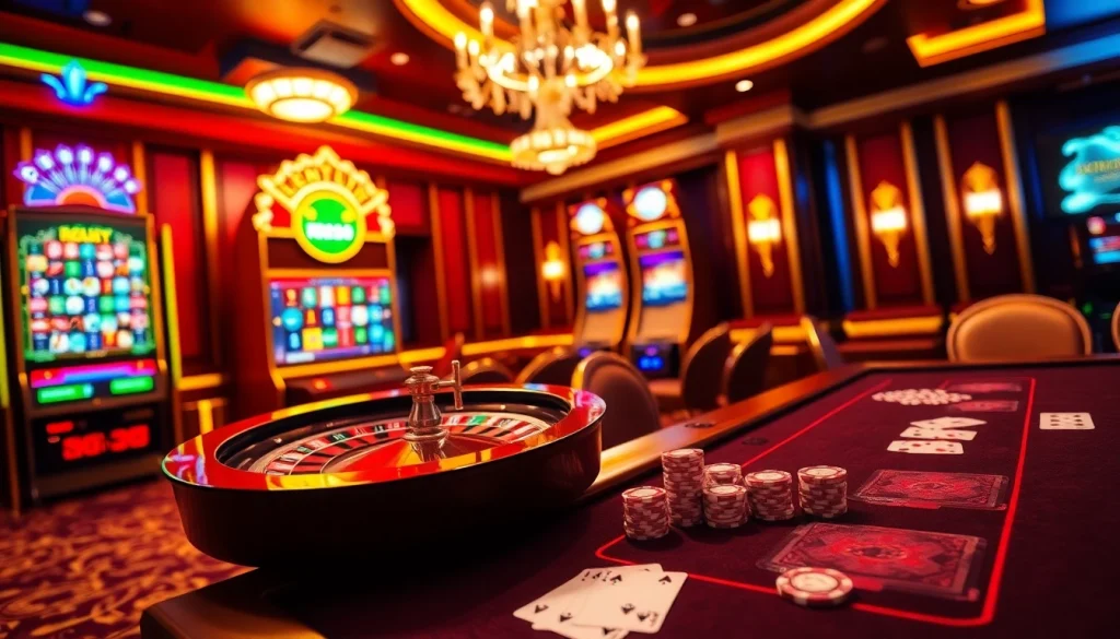 Engaging scene of rr88.com featuring a vibrant casino atmosphere with roulette, slots, and poker elements.