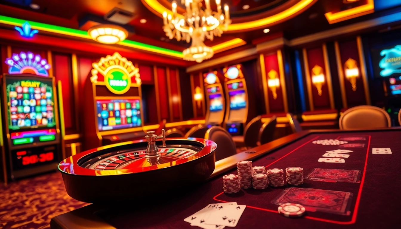Engaging scene of rr88.com featuring a vibrant casino atmosphere with roulette, slots, and poker elements.