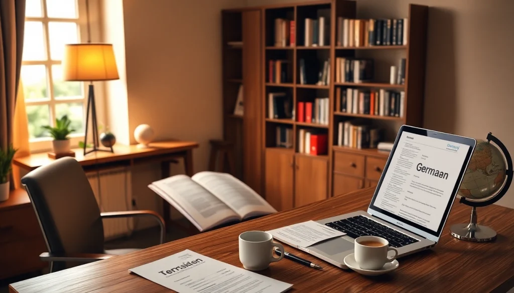Traducteur assermenté allemand travaillant dans un environnement de bureau professionnel entouré de ressources linguistiques.