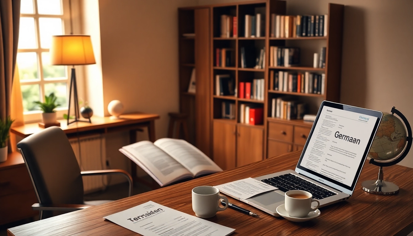 Traducteur assermenté allemand travaillant dans un environnement de bureau professionnel entouré de ressources linguistiques.