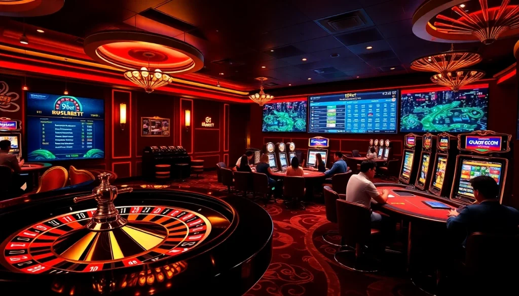 I9bet interface displaying an upscale casino with roulette and poker elements.