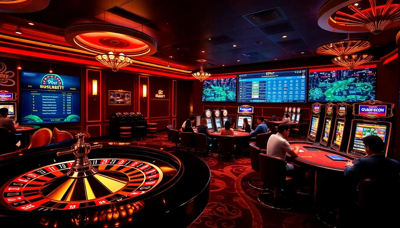 I9bet interface displaying an upscale casino with roulette and poker elements.