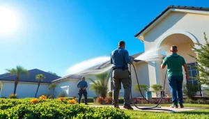 Pressure wash service revitalizing a home exterior in Kissimmee, showcasing professional equipment and a clean finish.