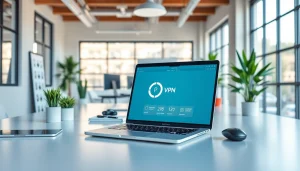 快连VPN displayed on a laptop in a modern office setting, showcasing fast internet connectivity and user-friendly interface.