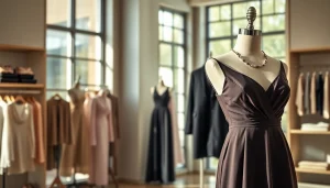 Rivelle dress showcased in a stylish boutique, emphasizing elegance and quality.