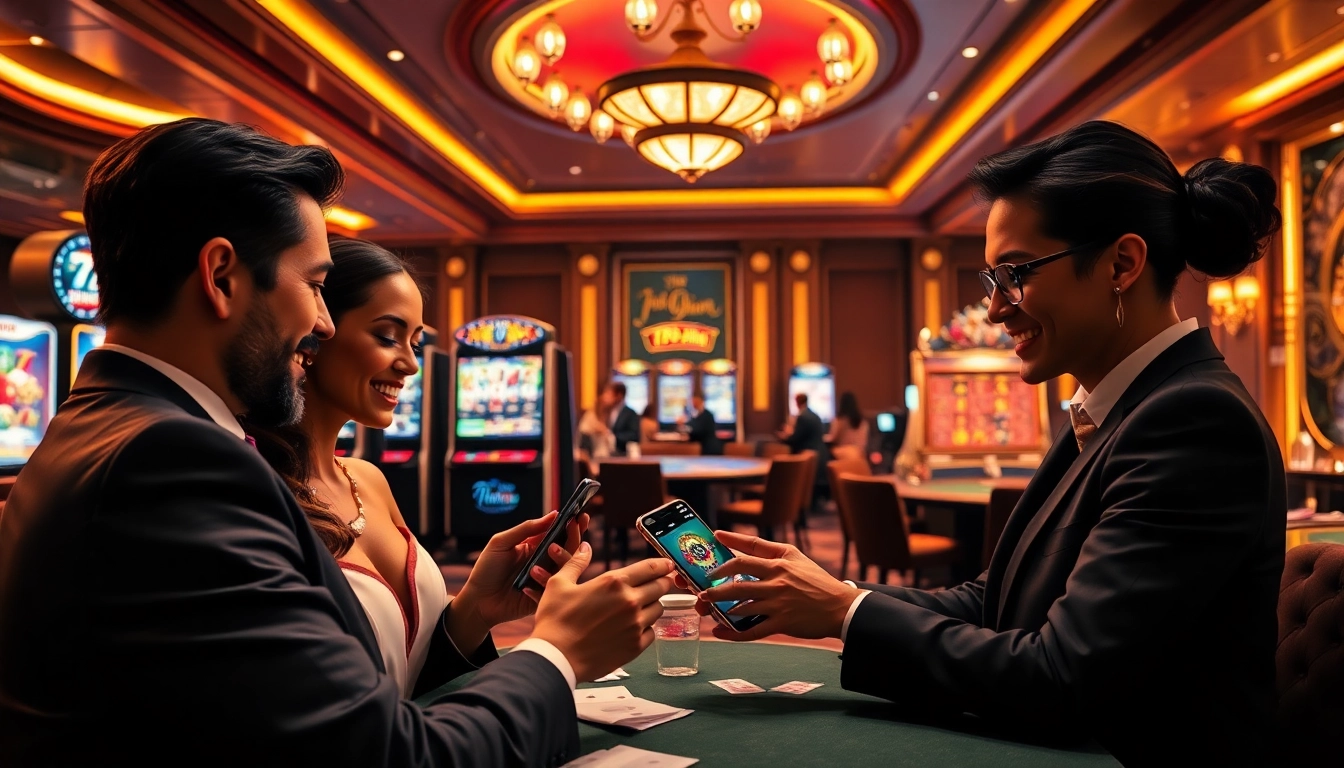 The 789win app displayed in an immersive casino scene with players enjoying slot machines and live games.