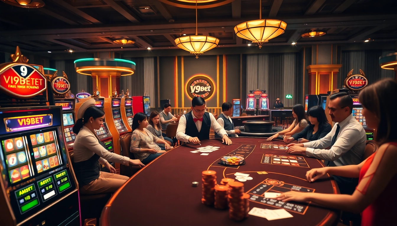 Experience V9bet's thrilling casino ambience with elegant gambling tables and engaging players.